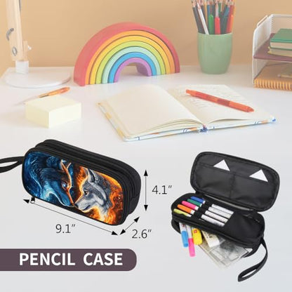 HiMagics Aesthetic School Backpack 3-in-1 Set for Kindergarten Teen Girls Boys - Laptop Bookbag with Insulated Lunch Box & Pencil Case Wolf Pattern - color: A04-wolf-set