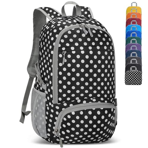ZOMAKE Lightweight Packable Backpack 30L, Foldable Hiking Backpacks Water Resistant Compact Folding Daypack for Travel(Black，White polka dots) - color: Black，white Polka Dots