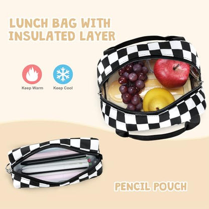 ACESAK Backpack for Girls - Girls Backpack with Lunch Bag & Pencil Pouch for Teen Kids Laptop Backpack for Women, Elementary Middle High School Bookbag Travel Daypack (Black Checkered) - color: Black Checkered
