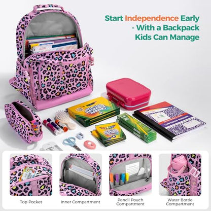 Choco Mocha Kids Backpack for Girls Cheetah Backpack Kids Elementary School Backpack for Girls Ages 6-8 Kid Bookbag 17 Inch with Chest Strap, Pink - color: Leopard-pink