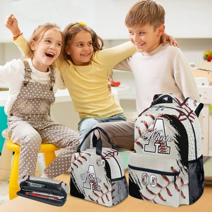 Mercuryelf Custom Baseball Backpack Set for Kids - Personalized Monogram Boys School Bookbag with Lunch Box for Youth Player Team - color: White