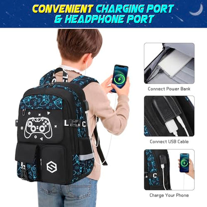 Scothen Boys Backpack, Cool Luminous School Backpacks for Boys with Lunch Bag Pencil Case, Kids Backpack Kindergarten Elementary Middle School Book Bags for Teen Boy Children with USB Charging Port - color: Blue Pattern