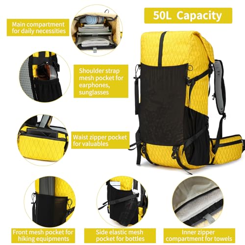 Hiking Backpack,40L to 50L Extra Large Capacity Hiking Bag,Internal Frame Camping Backpack,Upgraded X-PAC Lightweight Sport Daypack Travel Backpack Fit For Mountain Climbing Camping(Yellow) - color: Yellow