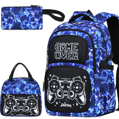 3PCS Kids Backpack Set, School Backpack with Lunch Bag & Pencil Case, Lightweight Waterproof Bookbag for Kids (Gamer Blue) - color: Gamer Blue