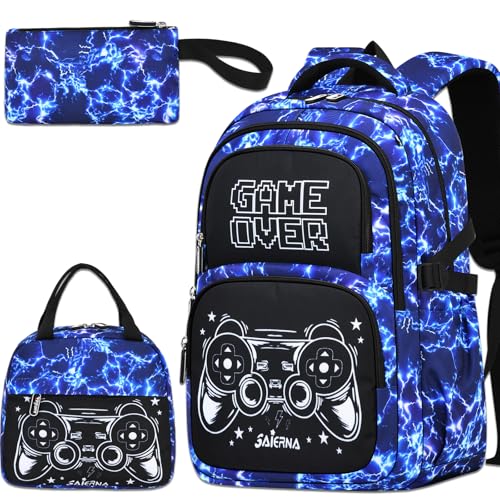 3PCS Kids Backpack Set, School Backpack with Lunch Bag & Pencil Case, Lightweight Waterproof Bookbag for Kids (Gamer Blue) - color: Gamer Blue