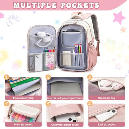 Backpack for Girls,Preppy Bookbag for Elementary & Middle School Students,Cute School Bag with Large Capacity,18 Inch,Pink - color: Pink White