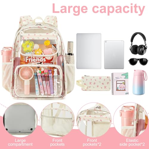Bluboon Clear Backpack Heavy Duty Kids Boys Clear Bookbag See Through Backpacks with Pencil Case for College Work - color: Pink Bow 212-beige