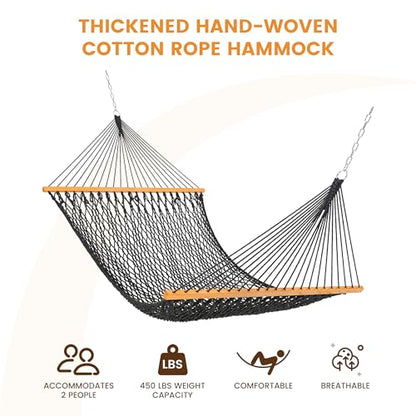 Lazy Daze Hammocks Double Rope Hammock, 2 Person Traditional Outdoor Hand Woven Cotton Rope Hammock with Spreader Bar, Carabiners, Tree Straps, Chains for Patio Yard - Max 450 Lbs, Dark Grey - color: Dark Grey