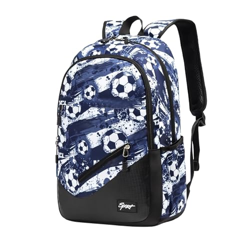 Soccer-Print Boys Backpack for Kids, Elementary School Football Bag for Teens - color: Style B-football Blue 01, size: Style B-No USB Port