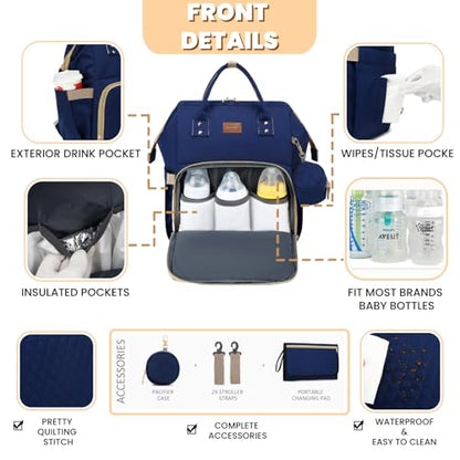 ROSEGIN Diaper Bag Backpack with Changing Pad, Pacifier Case, Baby Bag for Boy Girl Toddler - Large, Stylish, Waterproof Travel Quilted Diaper Bag for Mom - Baby Shower - Navy Blue - color: Navy Blue