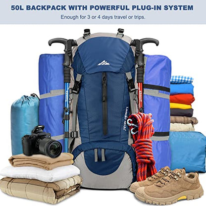 Loowoko 50L Hiking Backpack, Waterproof Camping Essentials Bag with Rain Cover, 45+5 Liter Lightweight Backpacking Back Pack - color: Dark Blue