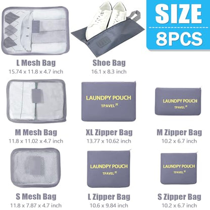 8 Set Packing Cubes for Travel Luggage Packing Bags Reusable Waterproof Suitcase Organizer Cubes Set with Shoe Bag and Toiletry Bag (Grey) - color: Grey