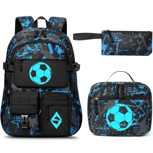 Fimibuke Backpack for School Boys, 3 PCS Cool Luminous Kids Backpacks with Lunch Box & Pencil Pouch, Toddler Teen Glow in The Dark Backpack Bookbag Schoolbag Set for Elementary to High School Students - color: Soccer