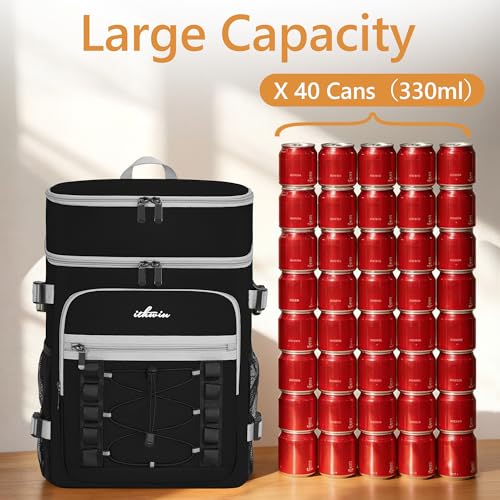Cooler Backpack, 40 Cans Insulated Lunch Backpack Picnic Backpack for Men&Women, Durable Cooler Bag with 2 Leak Proof Compartments for Picnic, BBQ Camping, Lunch, Beach, Hiking, Black - color: Black&gray