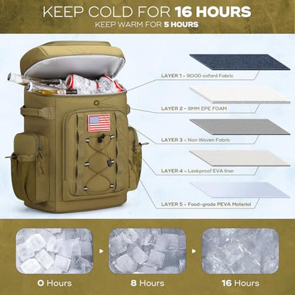 Maelstrom 35/50 Can Insulated Backpack Cooler, Leakproof Soft Lunch Ice Bag - color: Khaki, size: 35 Can