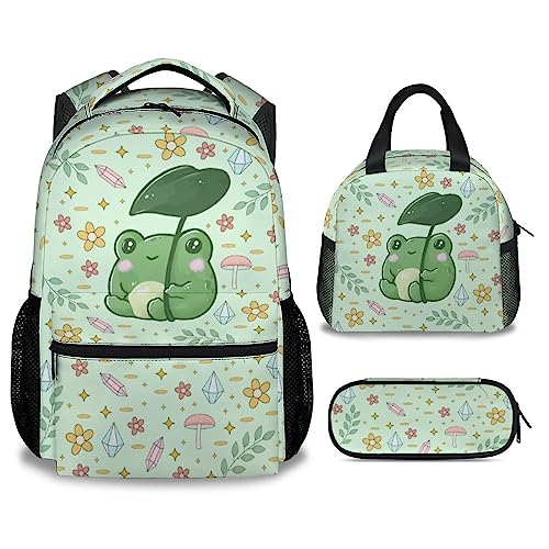 Mercuryelf Frog Girls Boys Backpack with Lunch Box Set, 3 in 1 School Travel Backpacks Matching Combo, Cute Green Bookbag and Pencil Case Bundle - color: Frog-1-2