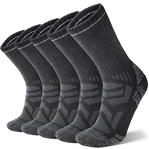 ANTSANG Merino Wool Hiking Socks, Enhanced Breathability, Targeted Cushion Thermal Socks for Men and Women, 5 Pairs - color: Black, size: Large