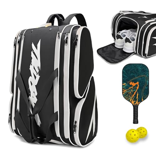 TILDOSAC Pickleball Bag - Large Paddle Bag for 4 Paddles & Accessories - Fence Hook, Extra Pockets, Shoe Compartment - color: Blcak-White