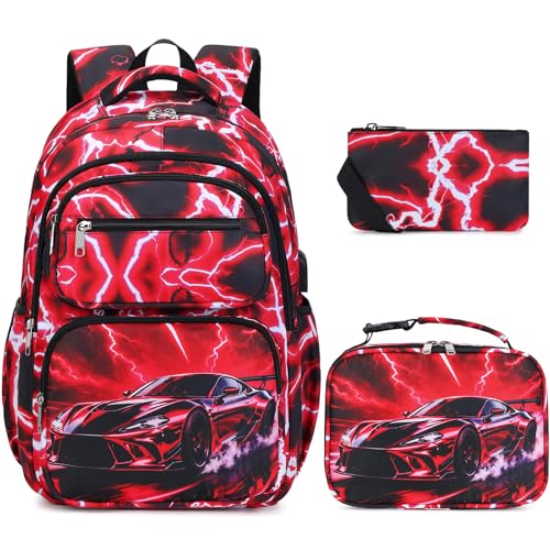 Bevalsa Backpack for Boys, Lightning School Bags with Lunch Bag & Pen Case for Kids, Bookbag for Boys Teens Elementary Middle High School - color: Red Racing Car