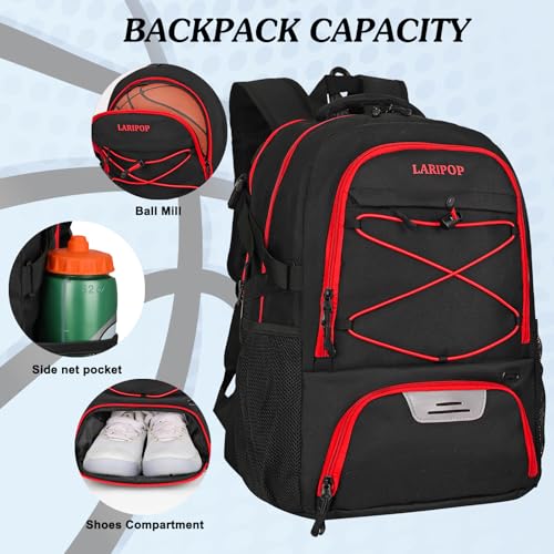 LARIPOP Basketball Backpack Large Basketball Bag with Ball Holder & Shoe Compartment for Adults Men Women - color: Red
