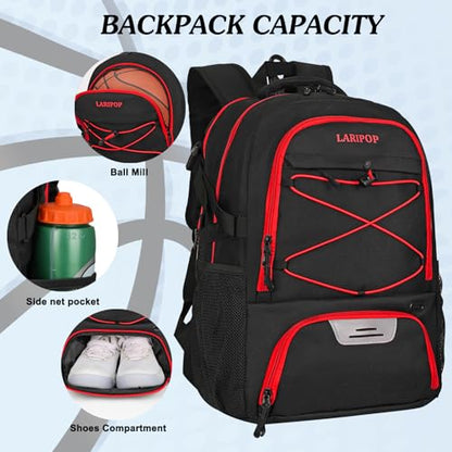 LARIPOP Basketball Backpack Large Basketball Bag with Ball Holder & Shoe Compartment for Adults Men Women - color: Red