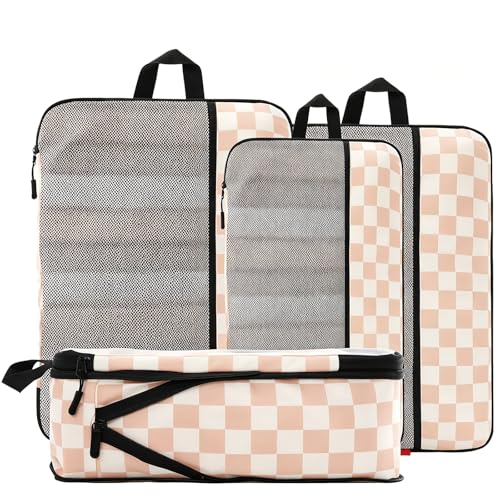 U+U 4 Set Compression Packing Cubes - Ultralight Travel Organizers, Space-Saving Suitcase Organizer, Expandable Packing Cubes for Travel, Business Trip and Family Vacation (Khaki Checkered)
