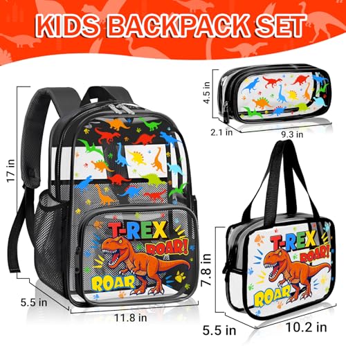 SHPMXUPW 3PCS Clear Black Backpack for School - Dinosaur Kids Clear Backpacks for Boys and Girls, Heavy Duty Transparent Bookbag with Lunch Bag and Pencil Case - See Through PVC Transparent Bookbag - color: Black-Dinosaur
