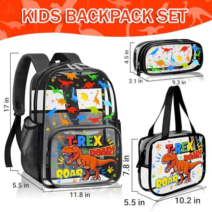 SHPMXUPW 3PCS Clear Black Backpack for School - Dinosaur Kids Clear Backpacks for Boys and Girls, Heavy Duty Transparent Bookbag with Lunch Bag and Pencil Case - See Through PVC Transparent Bookbag - color: Black-Dinosaur