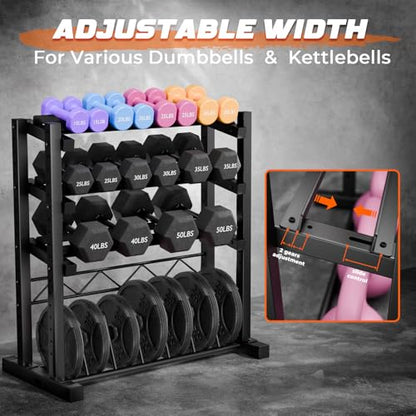1100LBS Weight Rack for Home Gym, Upgraded 4-Tier Dumbbell Rack, Barbell Holder Bumper Plate Storage Rack with Adjustable Height & Width Design, Heavy Duty Weight Storage Organizer (Rack Only)