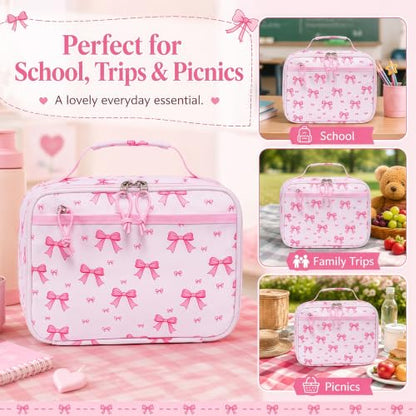 LEDAOU Kids Lunch Box - Insulated Reusable Lunch Box for Girls, Small Lightweight Water Resistant Snack Cooler Tote for Preschool, Kindergarten, School, Picnic and Hiking - color: Bow pink