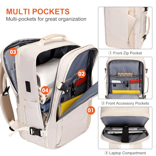 PIJUSHI Travel Backpack for Women Expandable Carry on Luggage Backpack Airline Approved TSA 16" Laptop Bag Business with USB Port(PE034 Beige) - color: Beige