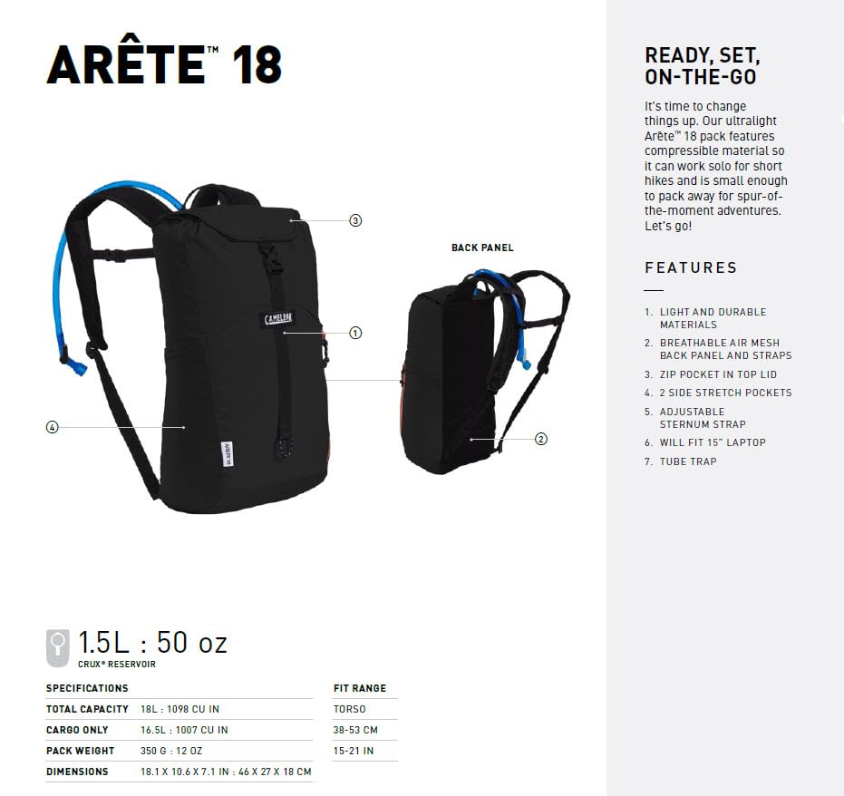 CamelBak Arete 18 Hydration Pack Backpack with 50oz Crux Reservoir, Ultralight Hiking Daypack - color: Black