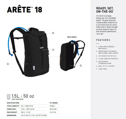 CamelBak Arete 18 Hydration Pack Backpack with 50oz Crux Reservoir, Ultralight Hiking Daypack - color: Black