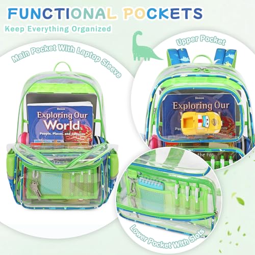 Sisipoet Clear Backpack for School, Heavy Duty PVC Transparent Bookbag, Funny Kids Backpacks with Dinosaurs Print, Green - color: Green/Dinosaurs