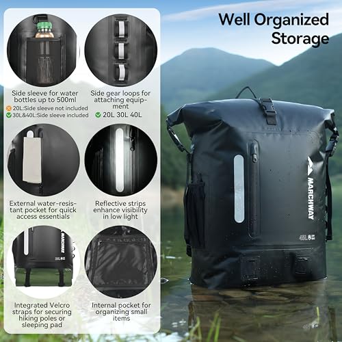 MARCHWAY Roll Top Waterproof Backpack, Rugged Hiking Dry Bag, 20L/30L/45L - color: Black, size: 30L
