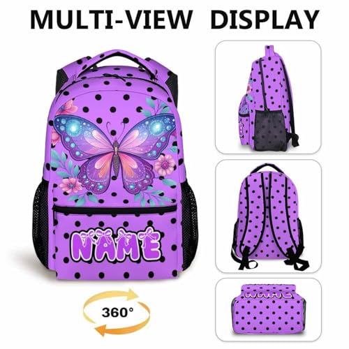 Kids Backpack Custom Butterfly Polka Dots Backpack for Girls, 17 Inch Girls Cute Bookbag for Travel Kindergarten Preschool Elementary School - color: Purple