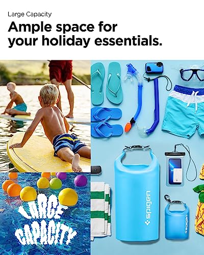 Spigen for Waterproof Backpack IPX6, 35L Roll Top Travel Rucksack Fits up to 16 Inch Laptop, Multi-Compartment Bag Ventilated Back, Chest Strap Hiking, Camping, Swimming, Canoeing, Fishing - color: Sea Blue, Clear