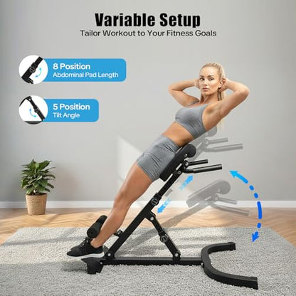 Roman Chair Hyperextension Bench, Adjustable Ab with 8 Position Ab Pad & 5 Tilt Angles, Foldable Flat Decline Sit Up Bench for for Home Gym & Core Strength Training