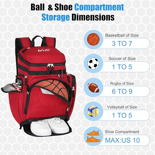 WOLT Basketball Backpack, Basketball Bag for Men with Shoes Compartment, Sports Backpack for Baseball, Soccer, Football - color: DarkRed