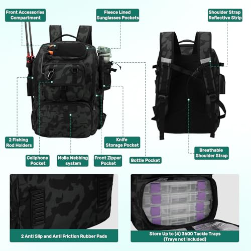 Pyrrhus 40L Fishing Backpack with Rod Holders & Insulated Cooler Compartment, Camping Cooler Tackle Storage for Anglers - color: Black
