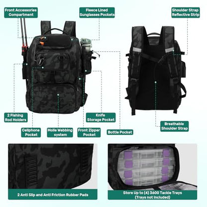 Pyrrhus 40L Fishing Backpack with Rod Holders & Insulated Cooler Compartment, Camping Cooler Tackle Storage for Anglers - color: Black