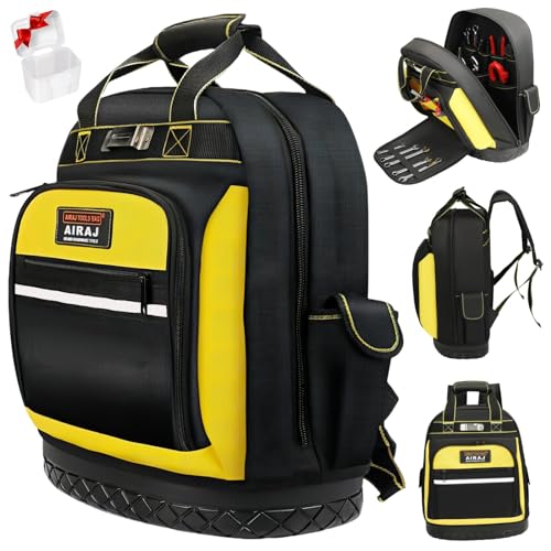 Tool Backpack,17"Heavy Duty Tool Backpack Bag with Waterproof Molded Base,Durable Multi-Use Pocket Electrician & Industrial & Construction Work Backpack,Black/Yellow