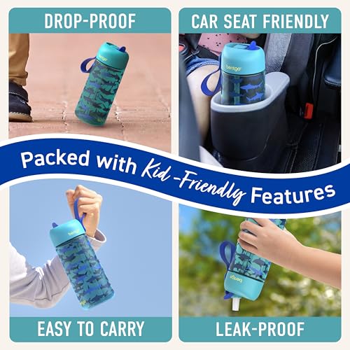 Bentgo Kids Water Bottle - Leak-Proof, Durable Tritan PFAS- & BPA-Free 15 fl oz, Kids/Toddlers Ages 3+ for School & Sports; Bite & Sip Spout, Carrying Handle, Dishwasher Safe (Sharks) - color: Shark