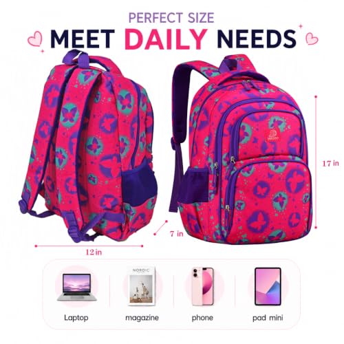 MYGOO Girls School Backpack Campus Butterfly Magenta Bookbag for Elementary Middle School Ages 5-12, 17 inch Large Capacity 24L Kids Student Travel Bags - color: Campus Butterfly Magenta