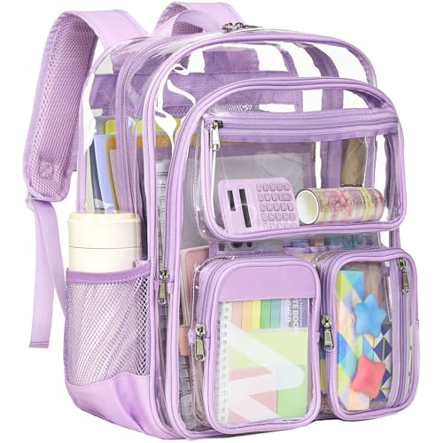 Vorspack Clear Backpack for School - Heavy Duty Transparent Bookbag for Girls Boys Large See Through Backpacks for Teens, Work, Travel, Festival - Purple - color: Purple, size: Large