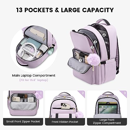 LOVEVOOK School Backpack for Teen Girls, Student Backpack Purse for 14-16 Teenage, Cute Kid Bookbag, Back to School Backpacks Fit 15.6 Inch Laptop, Large College Travel Bag, Light Purple - color: Light Purple