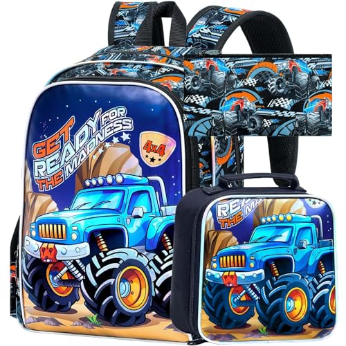 3Pcs Truck Backpack for Boys, 16" Bookbag with Lunch Box, Kids School Backpacks Set for Elementary Preschool Kindergarten (Balck) - color: Truck Blue