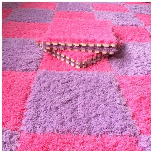 Thickened Plush Foam Interlocking Floor Carpet Mat,24 Piece 12x12in Fluffy Square Puzzle Foam Carpet Tiles with Edgings,Soft Anti-Slip Shaggy Area Rug Playmat(Color:Rose red+Purple) - color: Pink+purple