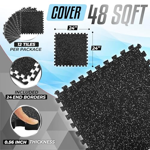 Yes4All Rubber Gym Flooring for Home Gym, 0.56" Thick Gym Flooring Tiles, EVA Foam Mats with Rubber Top, Protective Flooring Mat - style: B. 48SQFT