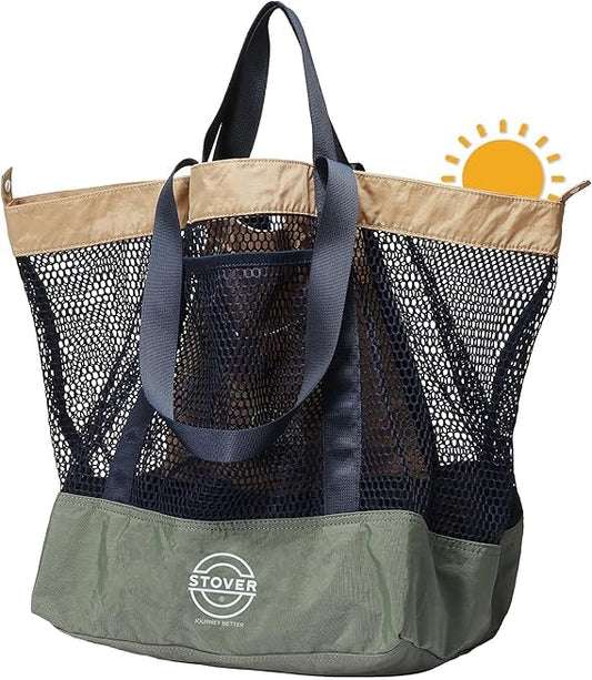 STOVER Extra Large Mesh Beach Bag, Vacation, Pool, Shopping & Travel Tote - Foldable w/Storage Pouch & Pockets for Women, Men - color: 01 - Driftwood Olive
